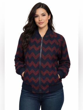 Mona B Chevron Bomber Jacket Navy Burgundy Wool Blend Zip Up Cozy Small